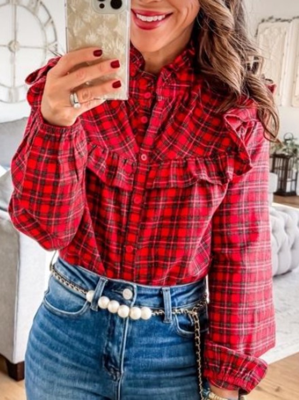 Red Plaid Ruffle Button-Up Shirt - Women🚌